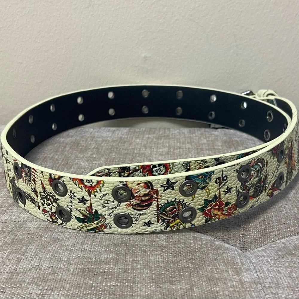 Ed Hardy Beige Eagle Heart Print Belt Men's Size 36